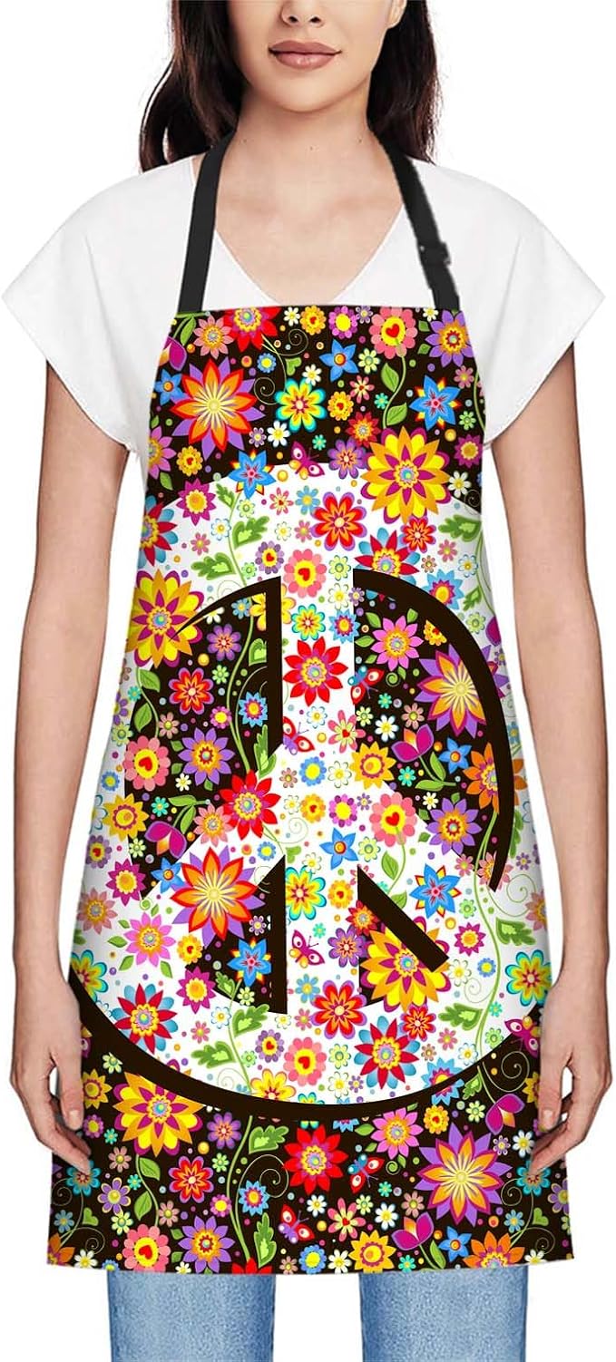 oFloral Hippie Flowers Print and Peace Apron Chefs Apron, Cooking and Baking Apron for Men and Women, Kitchen Aprons, Butchers Apron, BBQ & Catering Bibs, 27 X 31 Inch