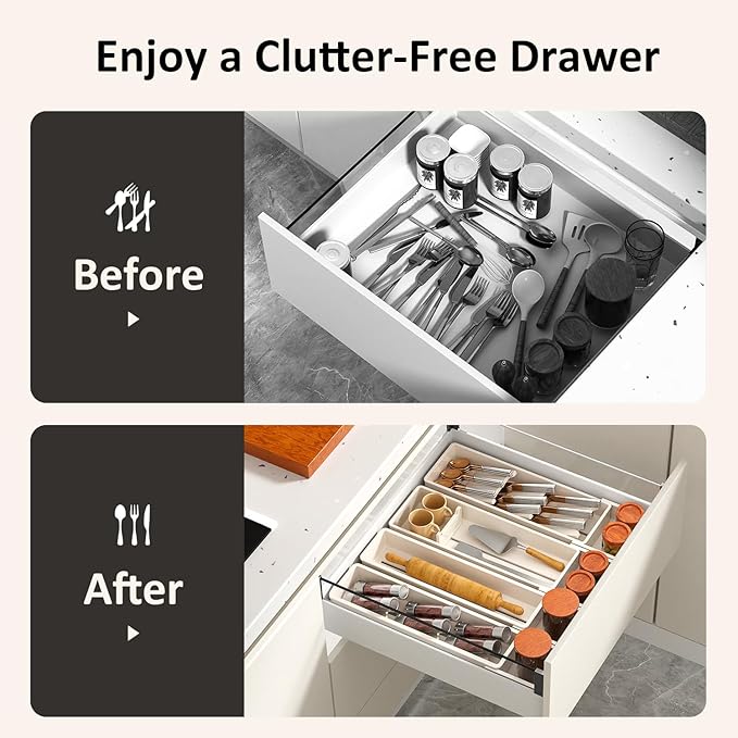 Silverware Drawer Organizer with Expandable Panel & Removable Dividers – Fits 15.67" to 21.18" Kitchen Drawers, Space-Saving Utensil Storage Solution (Milk White, W17.3 x L15.7 inches)