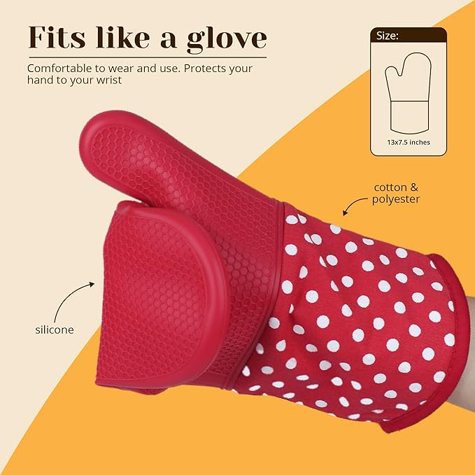 Amruta Pair of Silicone Shell Oven Mitts, 2 Pieces Heavy Duty Baking Kitchen Mitts for BBQ Microwave Stove, Heat-Resistant up to 500F, Oven Glove with Silicone Textured Grip (13 x 7.5 in, Red)