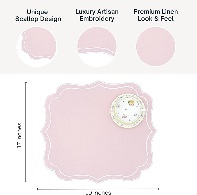 Cotton Linen Placemats Set of 4 - Double Layered, Machine Washable, Scalloped & Embroidered Cloth Table Mats - Wedding, Spring, Pastel Tone Mats, 19 x 17 inch, Light Pink
