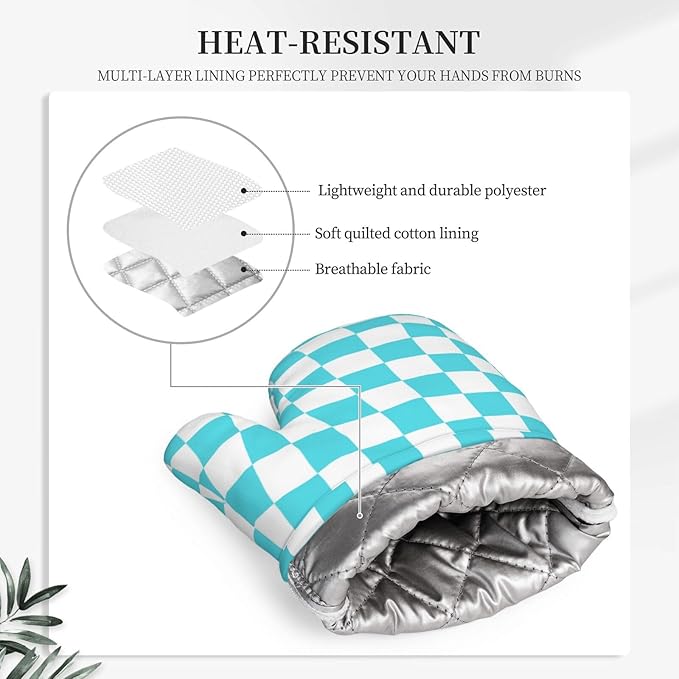 Turquoise Teal Checkered Oven Mitts and Pot Holders Sets of 4, Heat Resistant Silicone Oven Mittens and Potholders Gloves Hot Pads for Kitchen Cooking Baking Grilling BBQ Chef