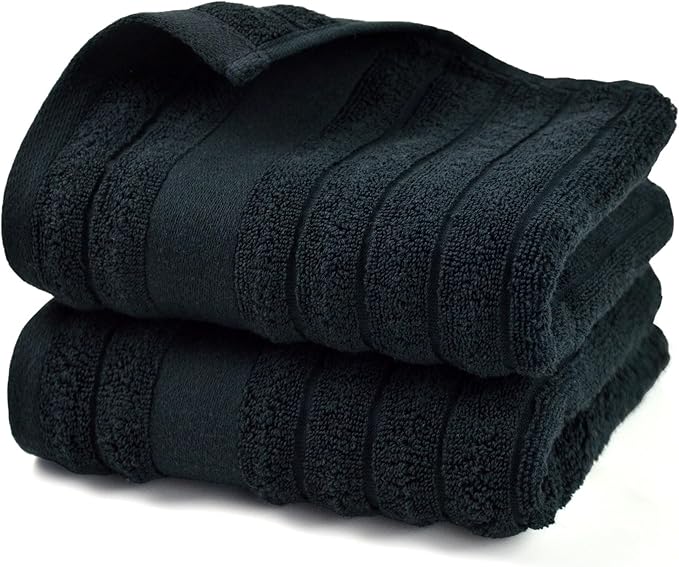 Jacquotha 2-Pack Bathroom Hand Towels (Black) Ribbed – Guest Room & Spa Premium Cotton Face Towels 13” x 29”, Soft and Quick Drying 480 GSM