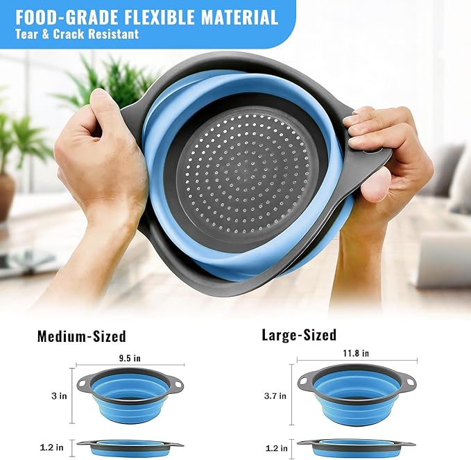 Collapsible Colander Set of 2, Folding Kitchen Strainers with Handles, Space-Saving Over-the-Sink Drainers for Pasta, Veggies & Fruit, BPA-Free, Dishwasher Safe, RV & Camping (Blue)