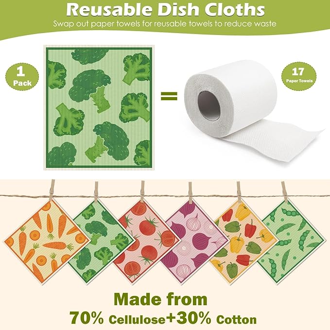 6 Packs Swedish Paper Cloths for Kitchen, Reusable Paper Towels Washable Dish Rags, Highly Absorbent Kitchen Towels Quick Drying Swedish Sponge Cleaning Dish Cloths (Vegetables)