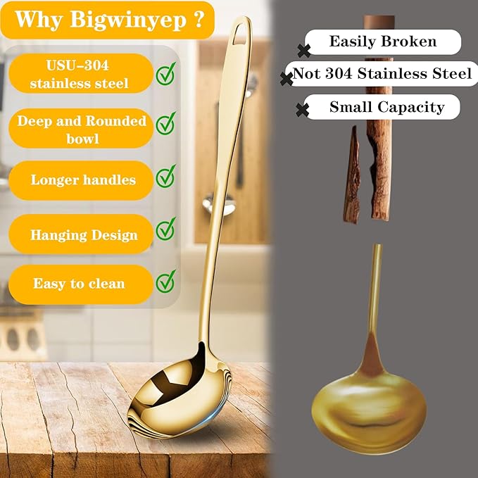 2Pcs Soup Ladle Soup Spoons 304 Stainless Steel Gold Ladle, 12.2Inch Long Handle Large Serving Spoon for Cooking Buffet, Party, Kitchen, Gold