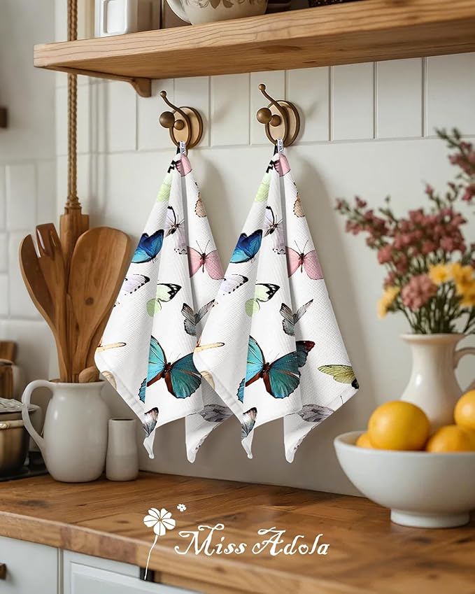 Miss Adola 2pcs Waffle Kitchen Towels - 16x26 Inch Cotton Waffle Weave Dish Cloths Set of 2 with Hanging Loop Absorbent Hand Tea Towels Whimsical Design for Housewarming Gift, Morpho Butterfly