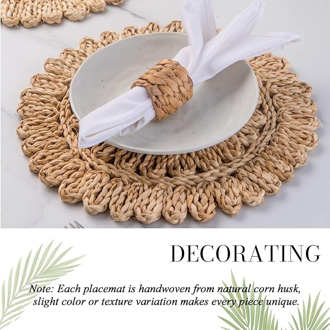 Laquedecraft 13.8" Set of 10 Round Corn Husk Placemats | Boho Woven Rattan Table Mats | Farmhouse Wicker Spring Plate Chargers Like Water Hyacinth, Seagrass for Wedding, Party, Christmas, Events