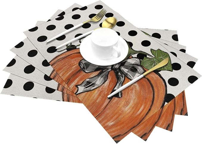 Fall Placemats Set of 4, 12x18 Inches Polka Dot Orange Pumpkin Decorative Linen Rectangle Autumn Thanksgiving Decor Pumpkin Table Mats for Party Home Kitchen Dining Table Decoration