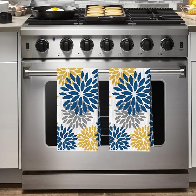 Artoid Mode Dark Blue Dahlia Floral Kitchen Towels Dish Towels, 18x26 Inch Quick Dry Microfiber Cloth Hand Towels for Kitchen Drying Set of 2