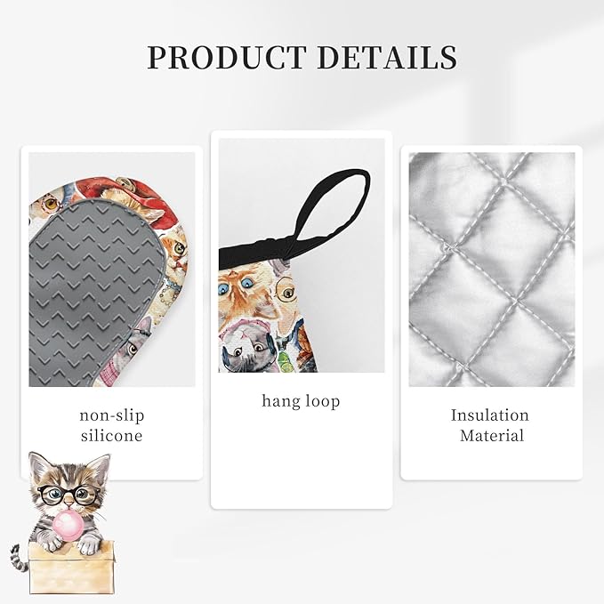 Cute Cat Oven Mitts and Pot Holders Sets 3PCS, Cat Silicone Heat Resistant Oven Mitts Birthday for Cats Lover, Funny Cats Heat Resistant Non-Slip Oven Gloves for Mom Wife Sister BFF