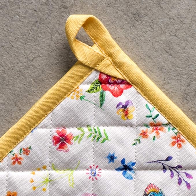 Maison d' Hermine 100% Cotton Oven Mitt & Pot Holder Set (7.5"x13" & 8"x8") Heat Resistant BBQ Cooking Gloves with Loop Kitchen Gifts for Mothers Day Spring/Summer (Happy Florals - Sweety)
