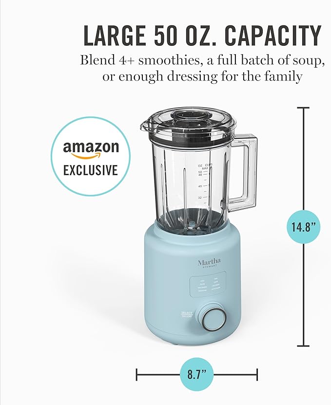 Martha Stewart Countertop Blender, 50oz Jar, 6 Stainless Steel Blades 3 Speeds & 5 Presets, Auto Clean, Smoothies, Crush Ice, Shakes, Chop, Margarita, Measurement Markings, 700W, Sky Blue