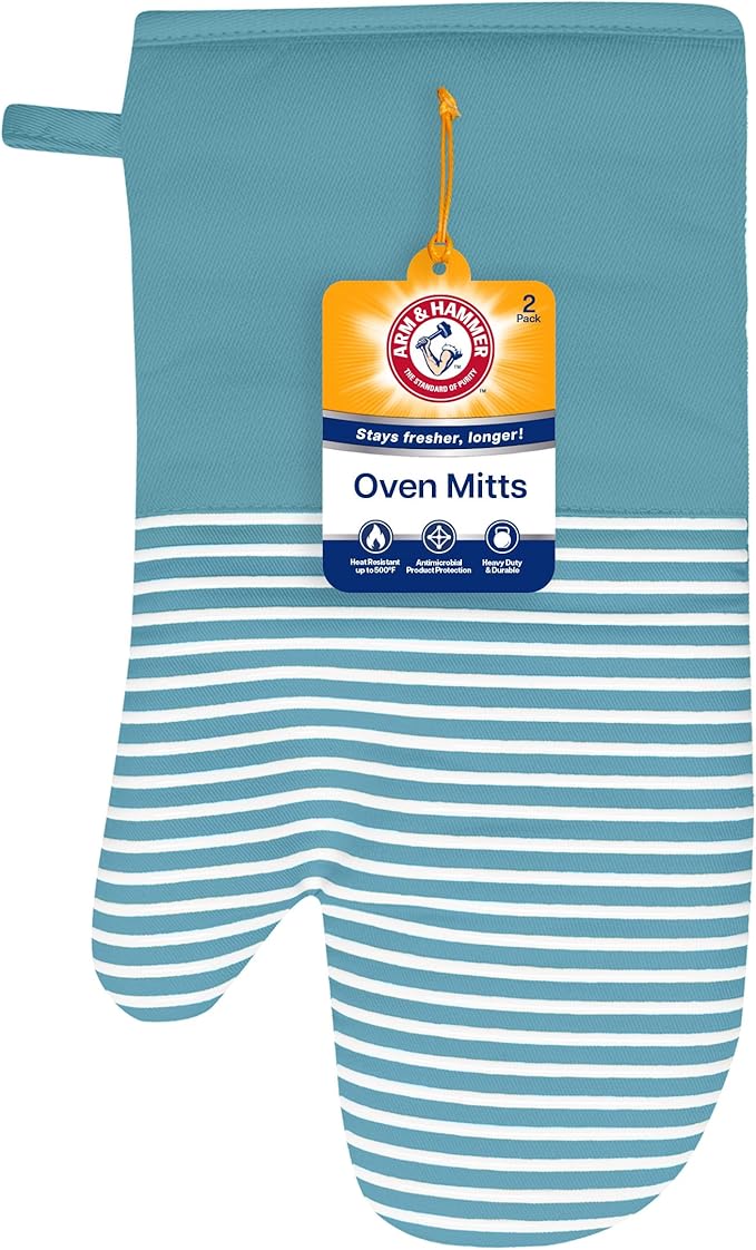 Arm & Hammer Striped Oven Mitts, Heat Resistant, Non-Slip Silicone Grip, 2 Pack, Teal