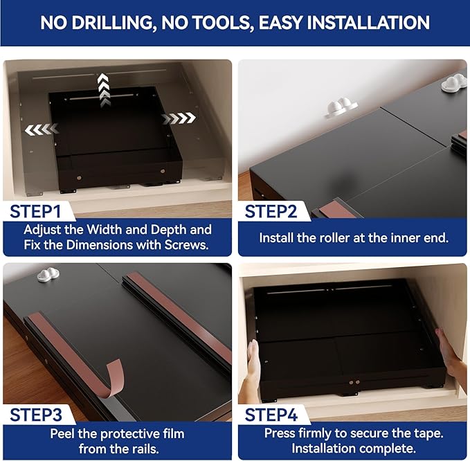 Pull out Cabinet Organizer, Full Metal Expandable Width (14.8"-20.8") & Depth (12.4"-17.7") Adjustable Slide out Drawers, No Drill Adhesive Roll out Shelves for Kitchen Pantry, Black