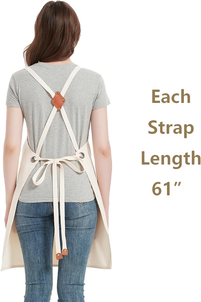 AFUN Chef Aprons for Women Men with Oversized Pockets, 12-Ounce Cotton Canvas Cross Back Water Repellent Apron (Cream)