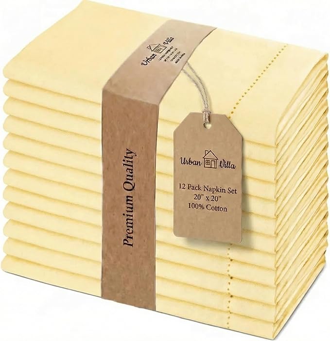Urban Villa Cloth Napkins Set of 12 (20x20)100% Cotton Hemstitch Napkins Cloth Washable Durable Reusable Absorbent Table Dinner Napkins Cloth for Easter Decorations Restaurant Weddings Parties -Yellow