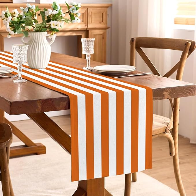 Orange and White Cabana Striped Table Runner Margarita Aperol Spritz Cocktail Birthday Party Decoration Baby Shower Dining Room Home Kitchen Table Decor (Orange, 13" x 72")