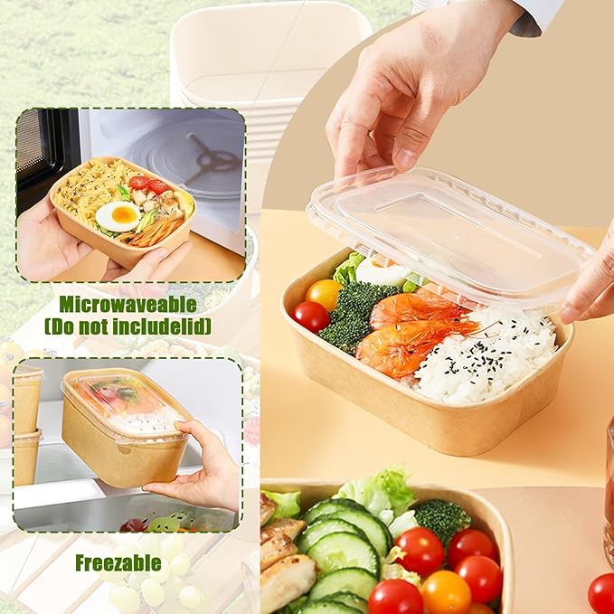 TINSKY 50 Pack 32 Oz Large Paper Bowls with Lids and Forks, Cardboard Take Out To Go Meal Prep Containers Disposable Compostable Food Containers for Party