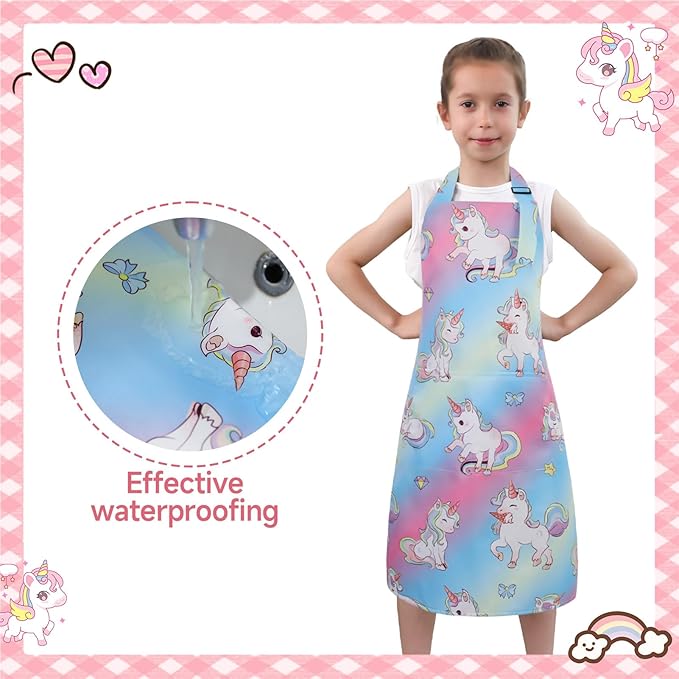 2 Pack Kids Apron, Cute Cooking Aprons, Waterproof Art Apron with Pockets, Toddler Painting Artist Apron Adjustable