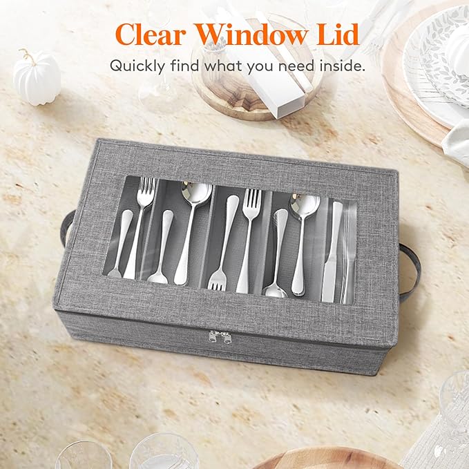Lifewit Silverware Storage Box, Covered Flatware Organizer with Zipper Lid, 5 Compartment Cutlery Case with Adjustable Divider and Handle, Utensil Container for Spoon Fork Knives, 1 Pack