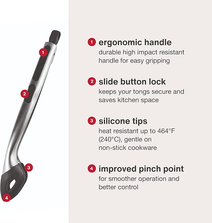 Zyliss Silicone-Tipped Tongs - Perfect for Healthy Cooking - Heat-Resistant Tongs with Ergonomic Grip - Locking Design for Kitchen Drawer Organization - Dishwasher Safe, Red