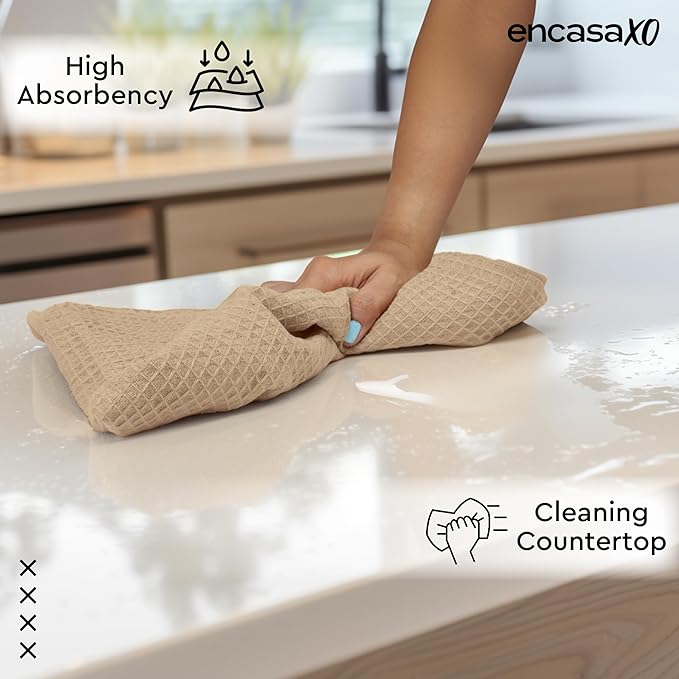 Encasa XO Kitchen Dish Towels Set | Beige | Waffle Weave and Flat Hand Tea Towel | 28"x18" | Quick Drying Reusable Cotton Washcloths | Multipurpose Lightweight Dishcloths Set of 4