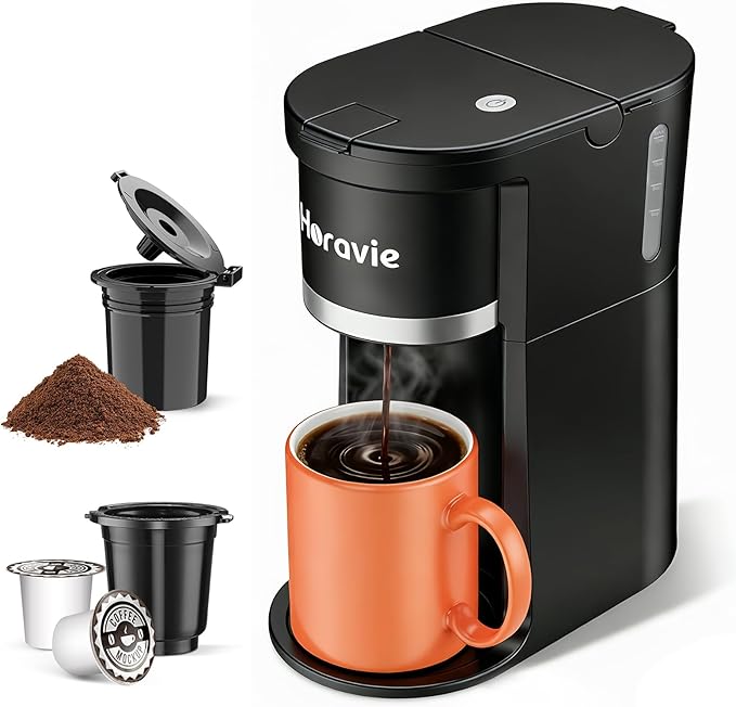 Horavie Small Single Serve Coffee Maker, Fast Brew One Cup Coffee Machine for K Cup and Grounds, 6 to 12 oz. Brew Sizes, Pod Coffee Maker with Descaling Reminder and Viewing Tank, Black