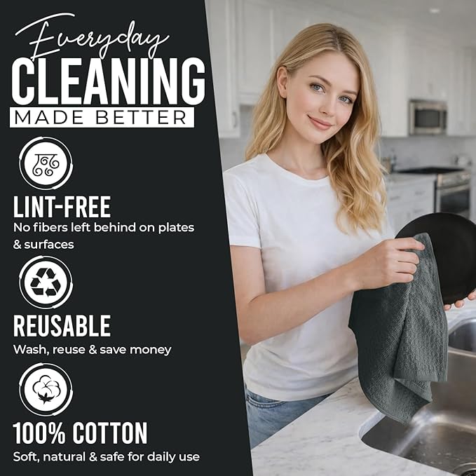 DAN RIVER Premium Dish Cloth 100% Cotton 12 X 12 Inches |Pack of 8|-Ultra Soft Tea Towels-Highly Absorbent Kitchen Rags-Terry Dishcloth for Kitchen and Household Cleaning |Grey|