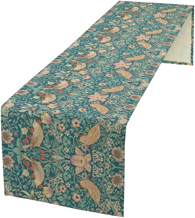 William Morris Floral Table Runner Strawberry Thief Vintage Flower Art Printed Dinner Runner for Home Kitchen Dining Table Living Room Decor Fabric 1 Panel W13xL120in
