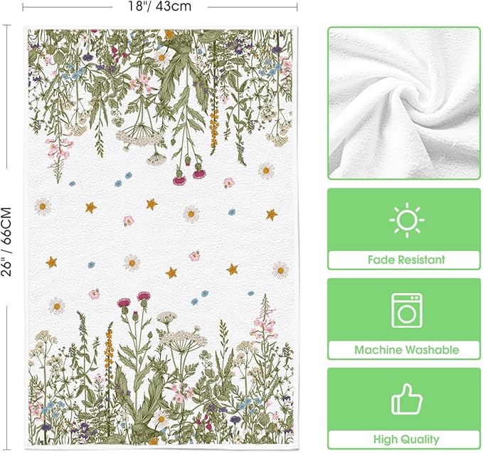 Artoid Mode Wildflower Floral Kitchen Towels Dish Towels, 18x26 Inch Leaves Holiday Decoration Hand Towels Set of 2