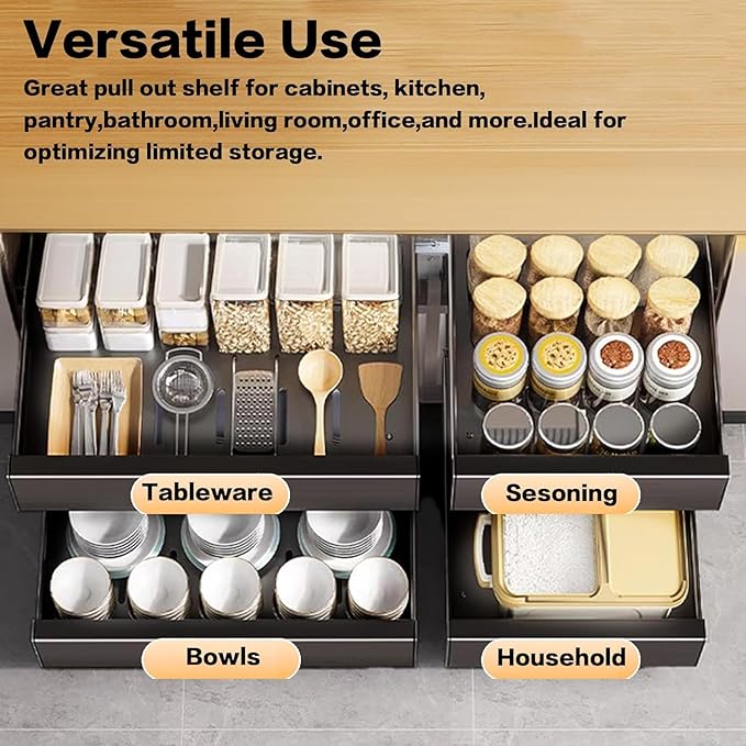bealy 21'' Deep Cabinet Organizer Adhesive, 10'' Wide Pull Out Cabinet Organizer for Face Frame or Frameless Cabinets, Roll Out Shelves for Kitchen Cabinets, Pantry Shelves, Bathroom, 2 Pack