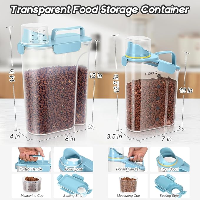 LEAWALK Dog Food Storage Container, Upgraded Large Nozzle BPA-free, 3-5 LBS Plastic Pet Food Storage Containers, With 4 Sealed Clasps, 1 Measuring Cup and Handle (Bright blue-A)