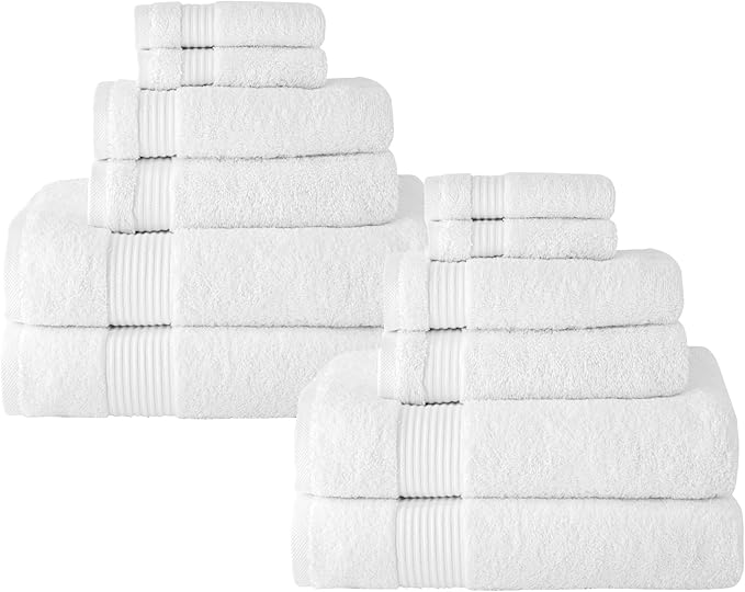 Classic Turkish Towels CTT - 12 Piece Family Towel Set for Bathroom, 100% Turkish Cotton, Quick Drying, Absorbent & Comfy, Includes 4 Bath Towels, 4 Hand Towels, & 4 Washcloths | (White)