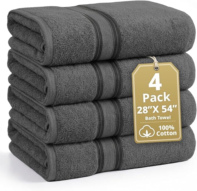 LANE LINEN 100% Cotton Bath Towels Set of 4 (28"x54") - Zero Twist, Mercerized Cotton Extra Large Bathroom Towel Sets - Quick Dry, Soft & Absorbent Grey Towels Set - Pre Shrunk, Fade Resistant - Grey