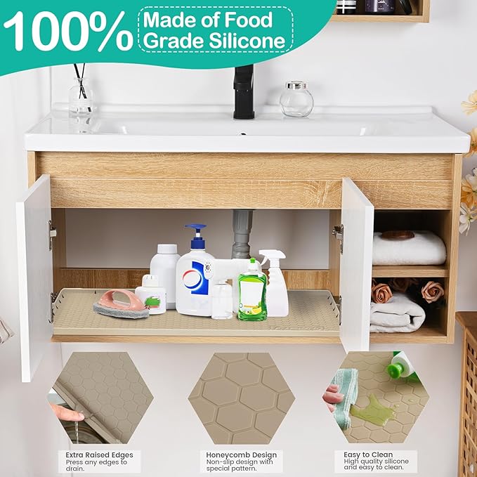 Waterproof Under Sink Mat 34" x 19", Silicone Cabinet Liner, Rubber Protector for Kitchen and Bathroom, Keeps Cabinets Clean, Dry, and Organized (Light Grey)