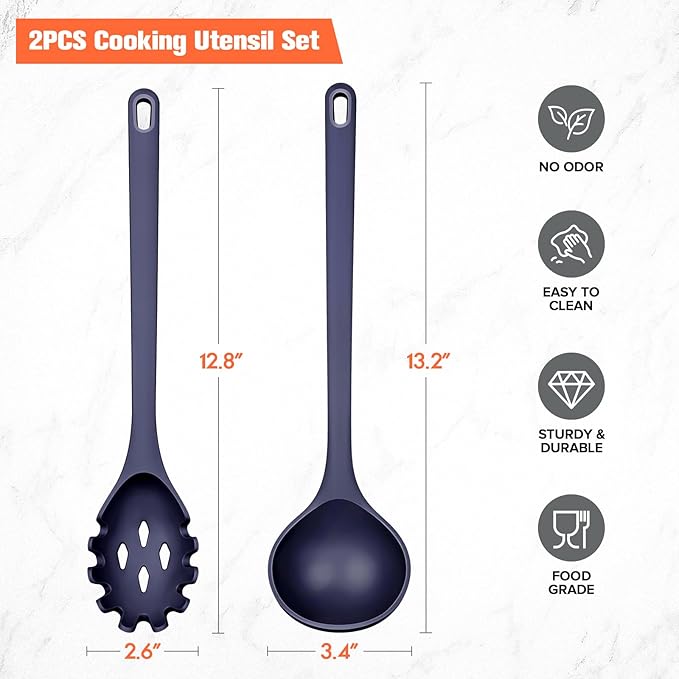 Silicone Spaghetti Spoon&Soup Ladle Cooking Utensils Set of 2,No Scratch for Nonstick Cookware,BPA Free, 450℉ Heat Resistant (BLUE)