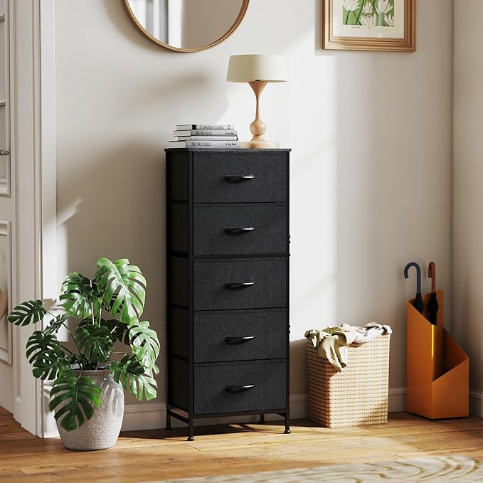 Sweetcrispy 5 Drawer Dresser with Fabric Bins, Sturdy Steel Frame and Wood Top, Storage Organizer Chest for Bedroom, Closet, Hallway, Black