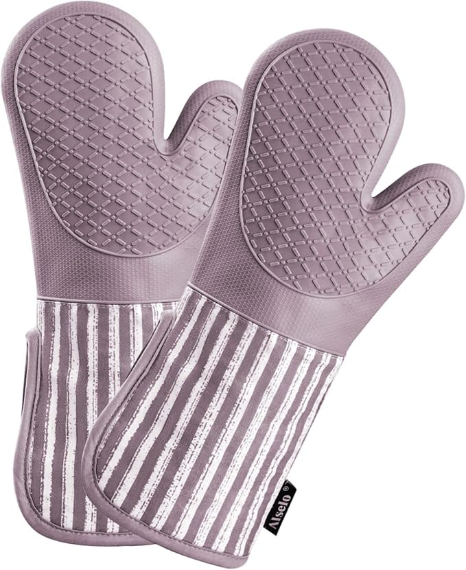 Alselo Silicone Oven Mitts Heat Resistant 932℉ with Waterproof & Non-Slip Kitchen Mittens, Set of 2 Extra Long Oven Gloves with Soft Cotton Terry Lining for Baking Cooking Barbecue(2, Purple Mitts)