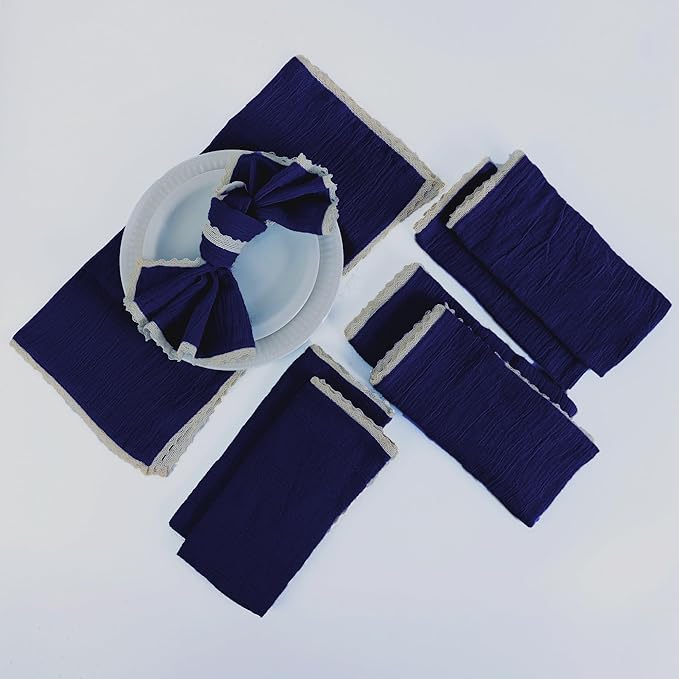 FINGERCRAFT Dinner Cloth Napkin Cotton Muslin Double Gauze 12 Pack with Classic Lace for Everyday Use, Wedding, Christmas, Easter Napkins Cloth are Pre Shrunk and Good Absorbency Bellwether Blue