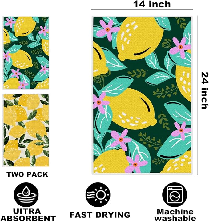 2Pcs Lemon Kitchen Towels, Farmhouse Absorbent Tea Towel Decorative Reusable Dish Hand Towels Lemon Lover Gifts for Cleaning Drying Women Mom Housewarming Gifts 14 x 24 Inch Kitchen Home Decor