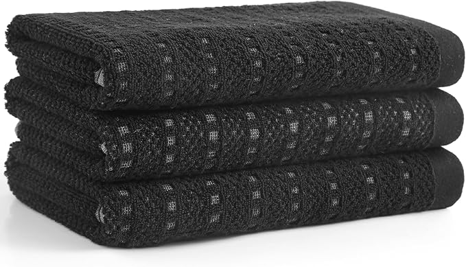 SALAS Kitchen Dish Towels, Bulk Cotton Kitchen Hand Towels, 390 GMS Plaid Dish Cloths Rags for Drying Dishes with Hanging Loop, 16‘’ x 26‘’, 3 Packs, Black