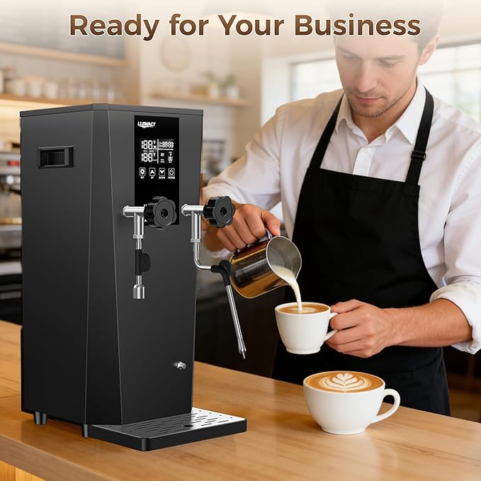 Commercial Steam Milk Frother,1.6Bar Fast Frothing in 15s,2000W 8L Boiler for Continuous Use, Temp Probe, Triple Safety, 3-in-1 Hot Water & Steam with LED Display for Coffee Shops& Restaurant