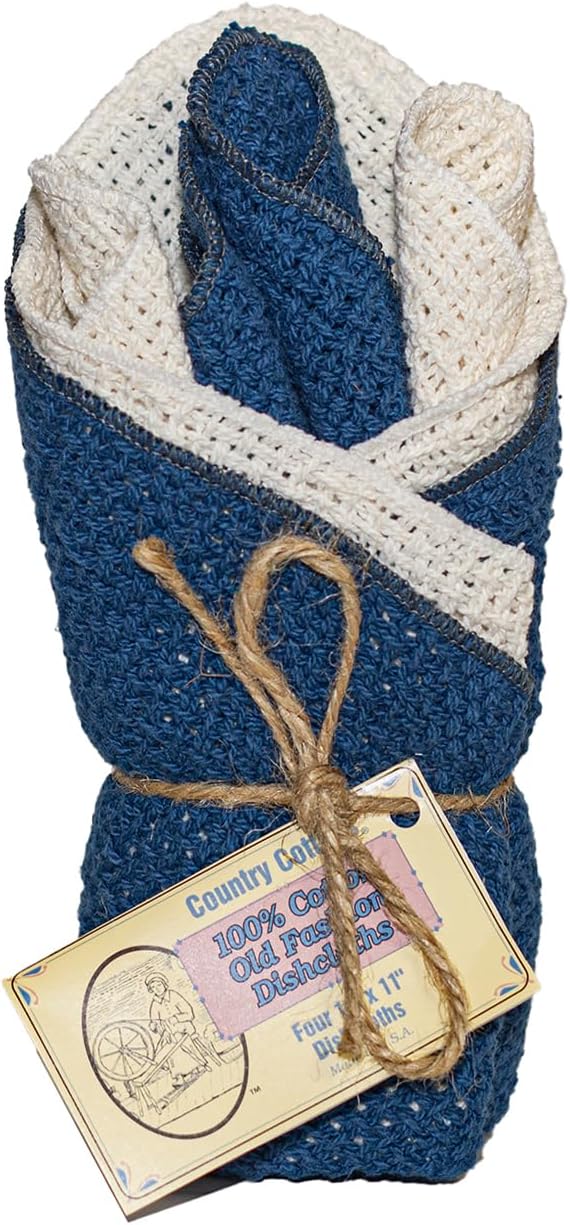 Old Fashion 100% Cotton Dishcloths - Set of 4 Mixed Colors - 2 Blue/2 Natural -11" x 11"