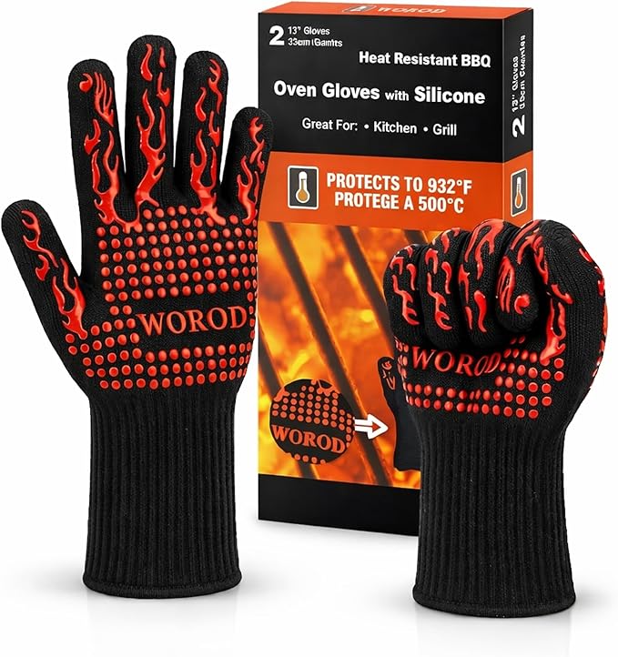BBQ Grill Gloves, 1472°F Extreme Heat Resistant Grilling Gloves Non-Slip Oven Mitts Potholder, Perfect for Barbecue, Cooking, Baking, Fireplace, Smoker - 2 Pair
