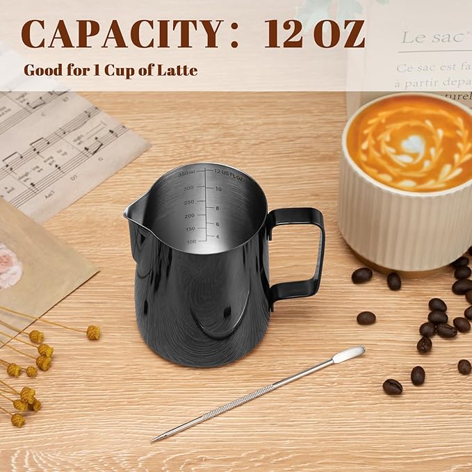 Amrules Milk Frothing Pitcher, 12 oz Milk Frother Cup with Clear Scale, 304 Stainless Steel Cappuccino Espresso Machine Accessories for Barista Coffee Bar with Latte Art Pen, Bright Black
