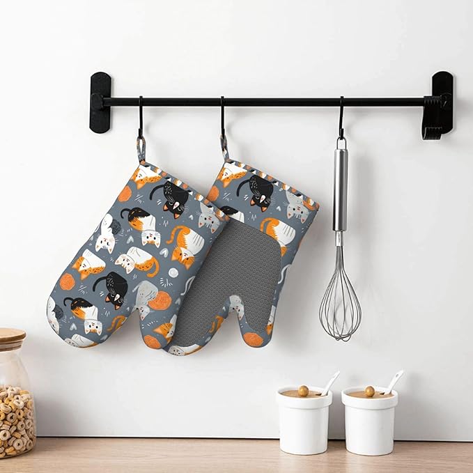 Grey Cat Silicone Oven Mitts Set of 2, Heat Resistant up to 500°F, Kitchen Oven Gloves with Non-Slip Grip and Soft Cotton Lining for Baking, Cooking and BBQ