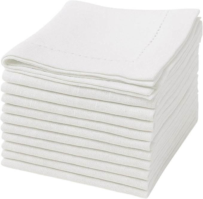 Ramanta Home Hemstitched Dinner Napkins Set of 12 -White, 18x18 Inch- Premium Textured Cotton Soft Cloth Napkins- Use Reusable Slub Fabric Table Napkins for Everyday Dining, Weddings, Spring & Easter