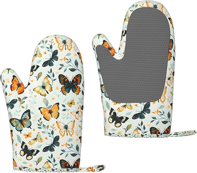Butterfly Silicone Oven Mitts Set of 2, Heat Resistant up to 500°F, Kitchen Oven Gloves with Non-Slip Grip and Soft Cotton Lining for Baking, Cooking and BBQ