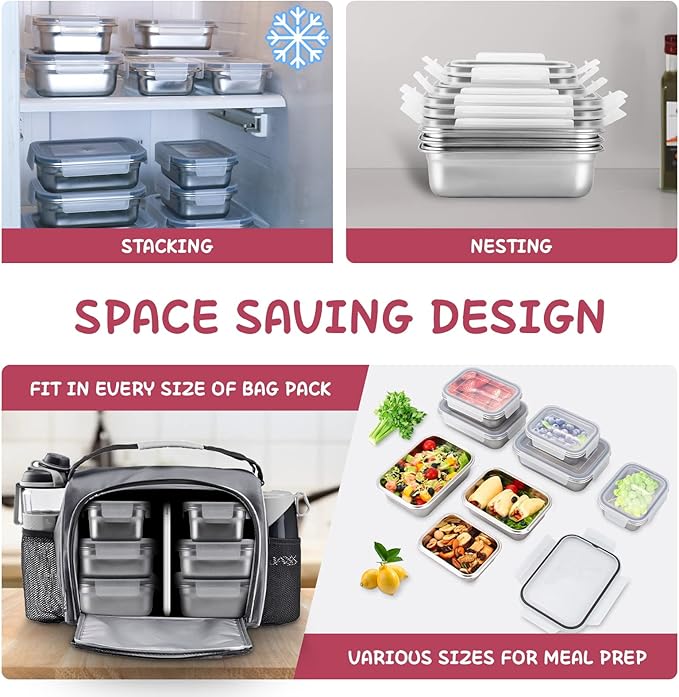 Cykorxicc 10 PC Square 304 Stainless Steel Food Containers with Lids, Airtight Bento Lunch Box, Metal Meal Prep Food Containers Reusable Stackable | Nestable Oven/Dishwsher/Freezer Safe