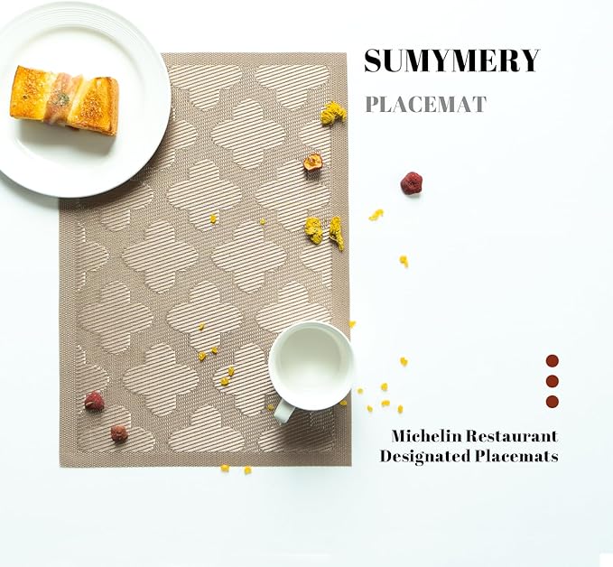 Placemats Set of 6 Vinyl/Plastic Woven Place Mats for Kitchen Table Indoor/Outdoor Washable Placemat Wipeable Dining Table Mats (Dark Brown Clover,6)